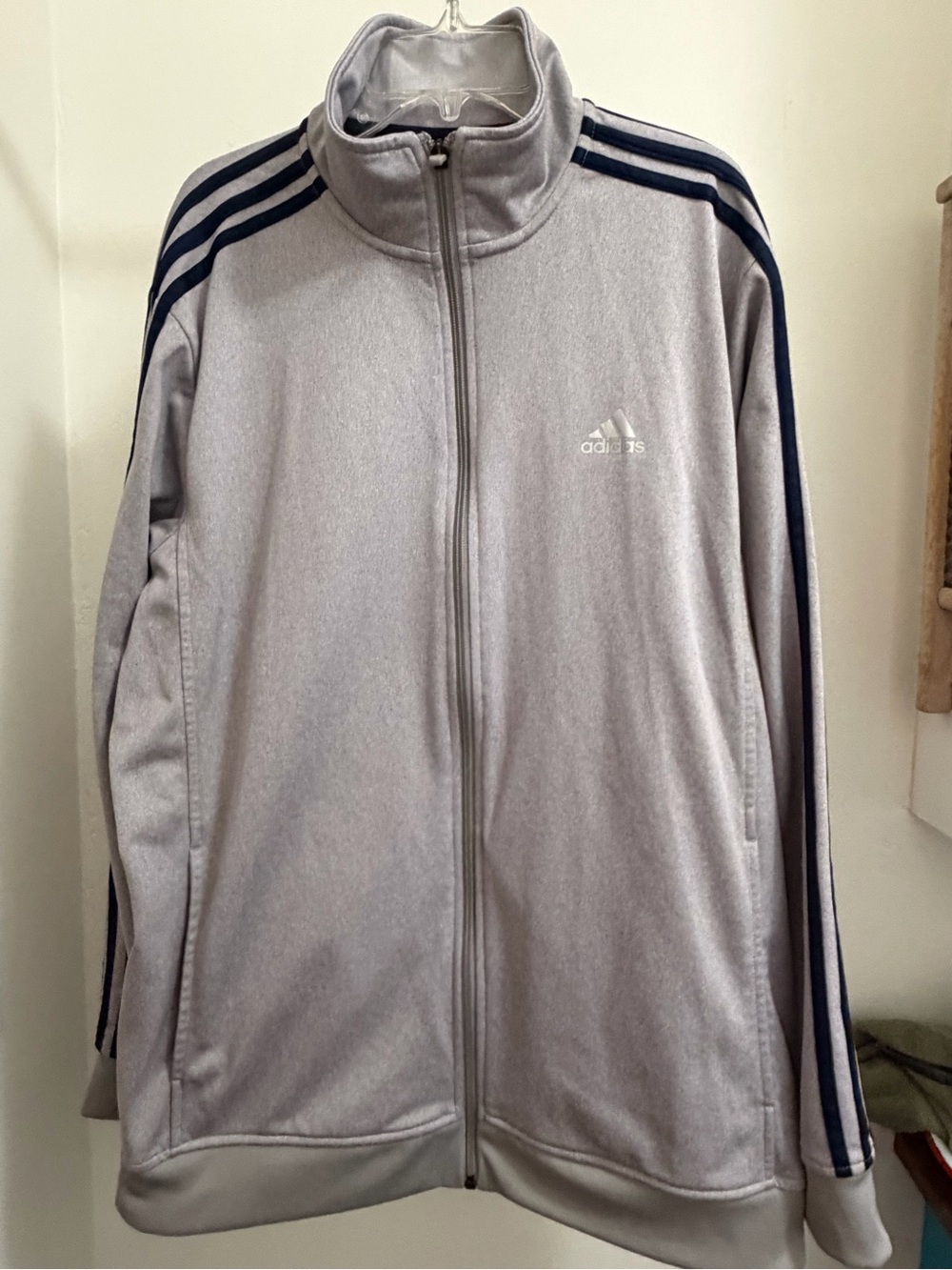 adidas Light Gray Track Jacket with Navy Shoulder Stripes